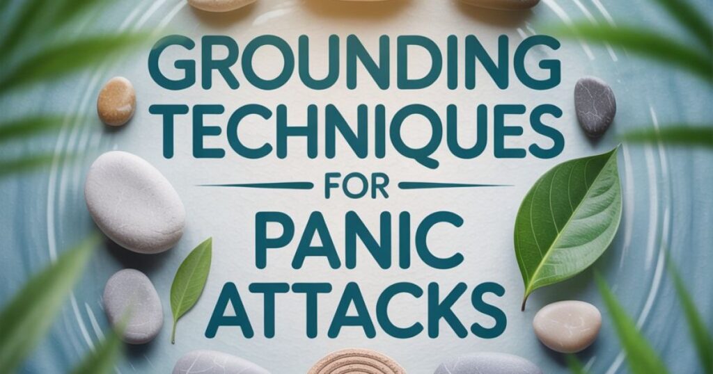 People using grounding techniques for panic attacks like deep breathing and sensory focus in a peaceful setting.