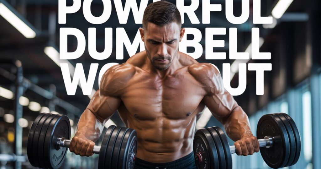 Man performing a powerful dumbbell workout with intense focus and proper form for full-body strength training.