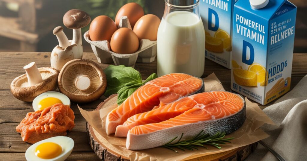 A colorful spread of powerful Vitamin D foods including salmon, eggs, mushrooms, and fortified milk on a rustic table.