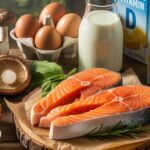A colorful spread of powerful Vitamin D foods including salmon, eggs, mushrooms, and fortified milk on a rustic table.